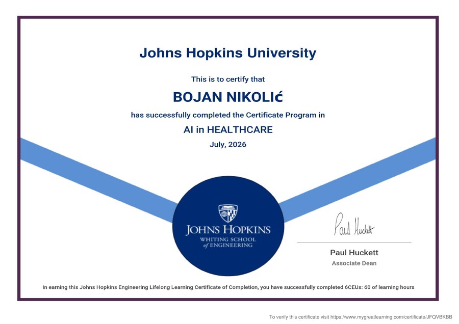 Johns Hopkins University AI in Healthcare certificate awarded to Dr Bojan Nikolić